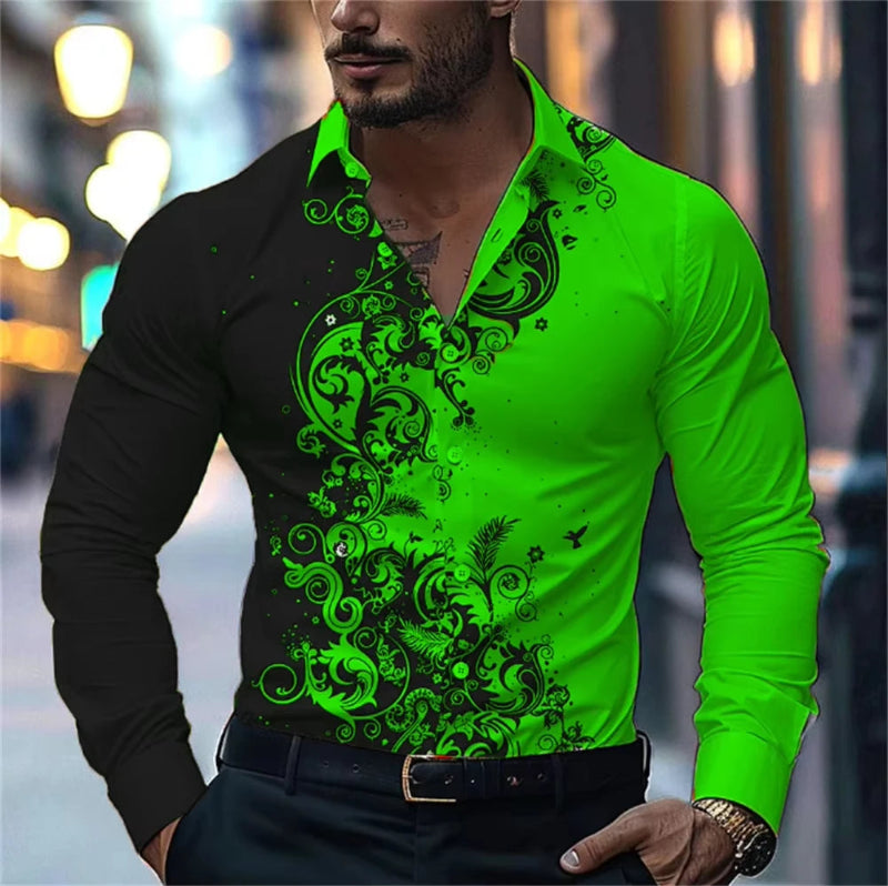 Man wearing a neon green and black patterned shirt with a blurred city street background