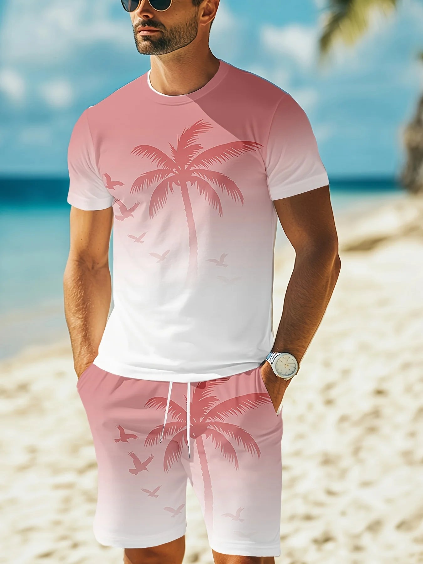 Men's Summer Fashion Casual Loose-Fit Set Plus Size Coconut Grove Print Crew Neck Short Sleeve Drawstring Shorts Two-Piece Set