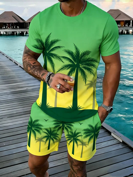 Person wearing a green and yellow outfit with palm tree design by a waterfront.