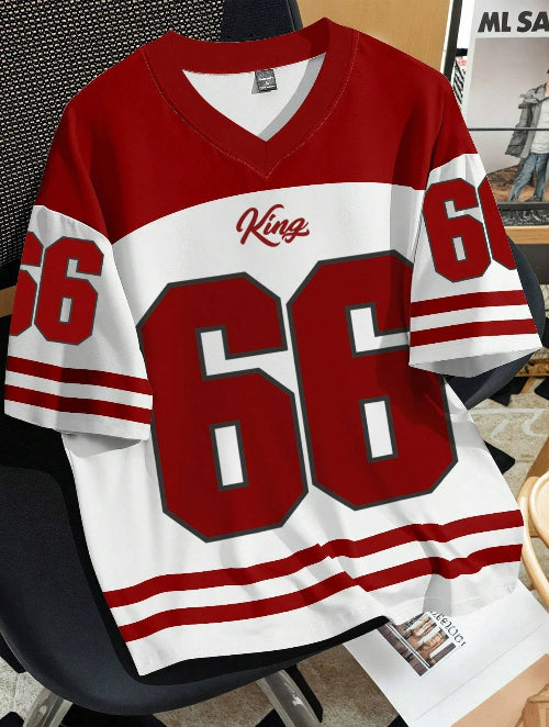 Women Clothing No.66 V-neck Football Jersey  -white red