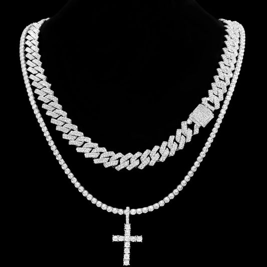 2pcs iced out hip hop Cuban chain and cross tennis necklace for men and women  - 002