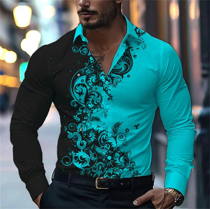 Man wearing a turquoise and black patterned shirt with a blurred city street background