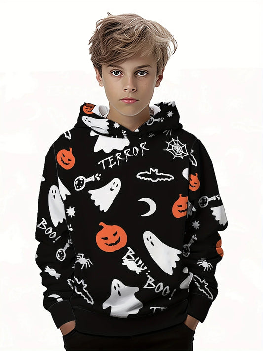 Black hoodie with Halloween-themed graphics worn by a person on a white background