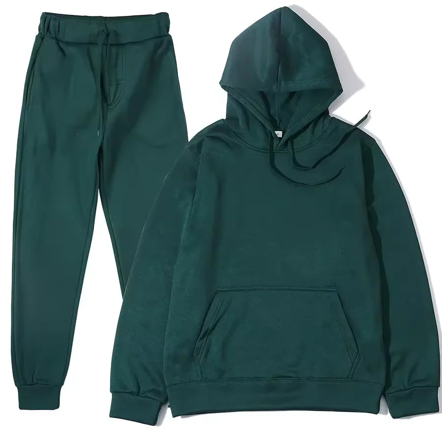 Unisex solid color fleece hoodie and pants two‑piece sports set for autumn and winter green