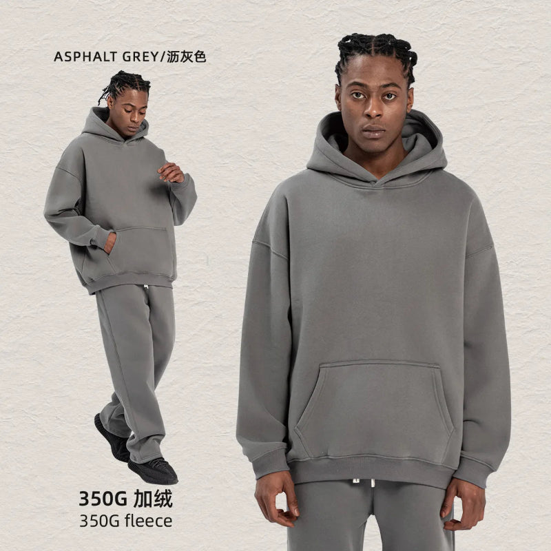 Unisex solid color fleece hoodie and pants two‑piece sports set for autumn and winter