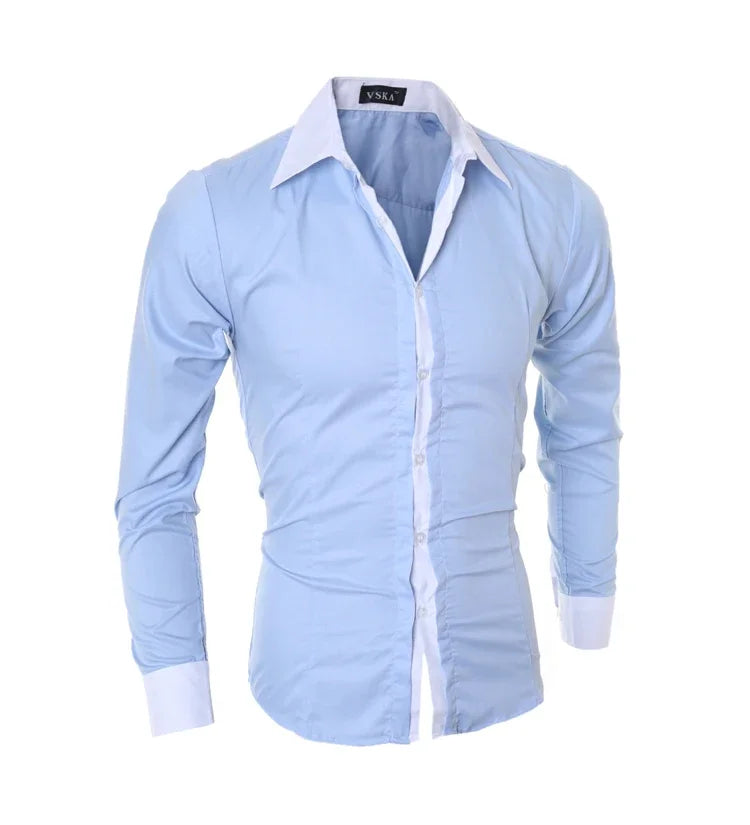 Men’s Slim White Striped Shirt – Long Sleeve Business Casual Top