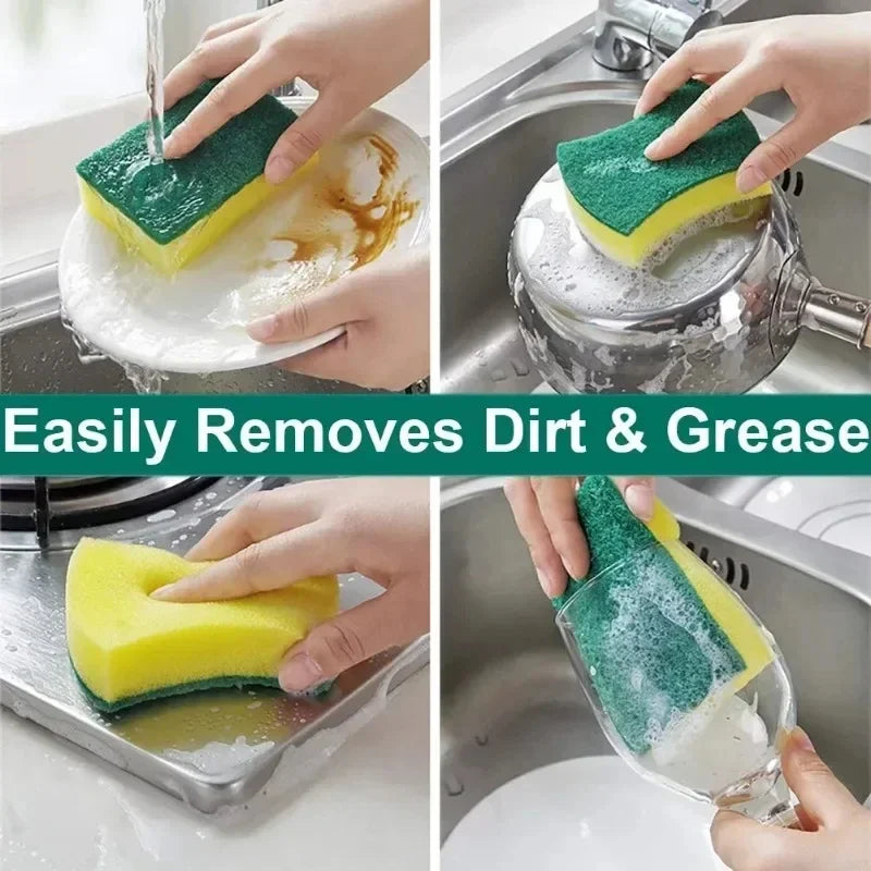 Green and yellow sponge being used to clean various surfaces with text 'Easily Removes Dirt & Grease'.