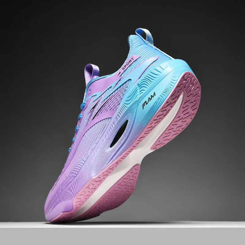 Blue and purple running shoe on a gray background