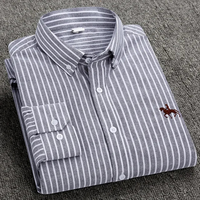 Men’s Oxford Cotton Shirt – Long Sleeve Embroidered Horse Design