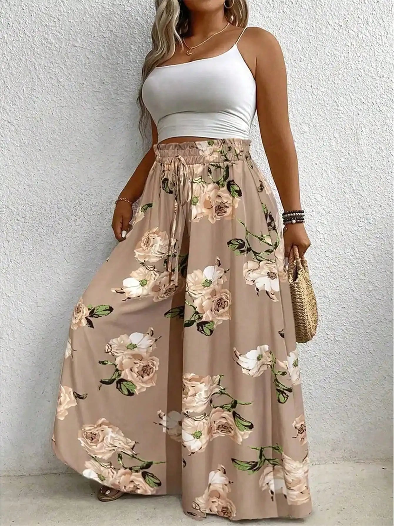 Ladies' plus size printed wide leg pants elegant loose pants imitation drawstring waistband machine washable non stretch fabric