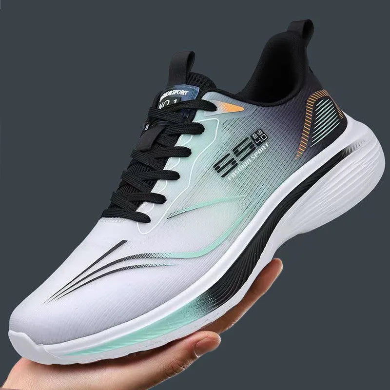 White athletic shoe with black accents held by a hand against a dark background