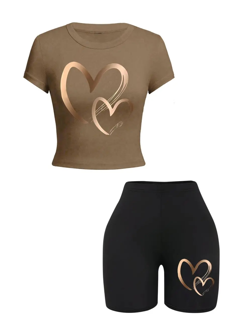 Brown crop top and black shorts with heart designs on a white background