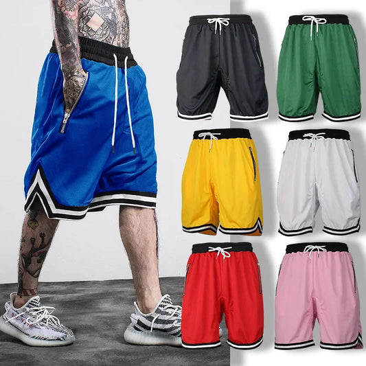 Man wearing blue shorts with six pairs of shorts in different colors displayed above him.