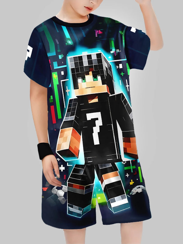 Child wearing a t-shirt with a pixelated character design on a plain background