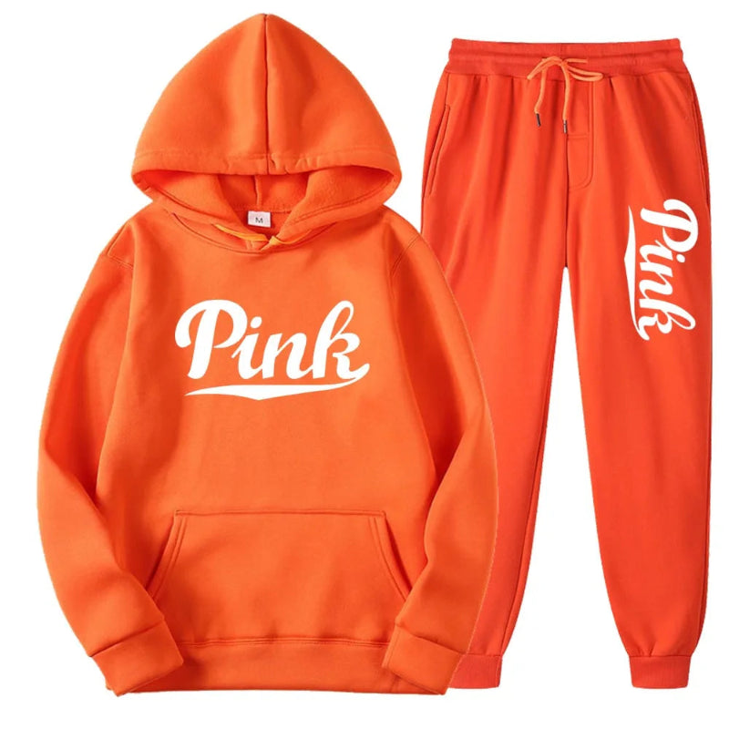 Orange hoodie and pants set with 'Pink' text on a white background