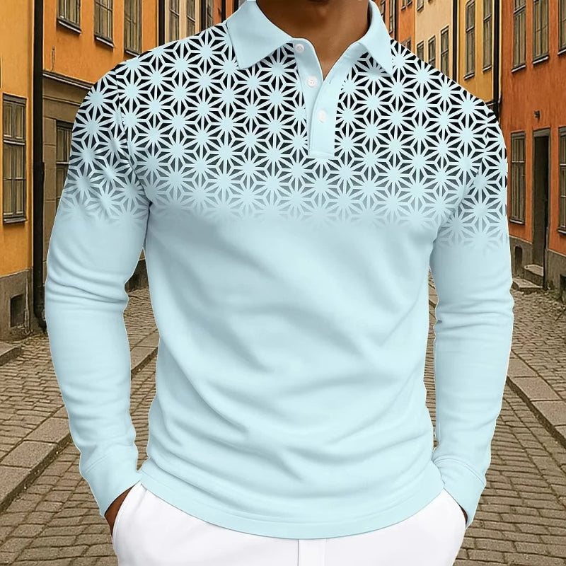 Light blue long-sleeve shirt with geometric pattern worn by a person on a street.