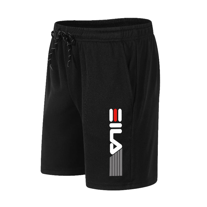 Black shorts with a FILA logo on a white background