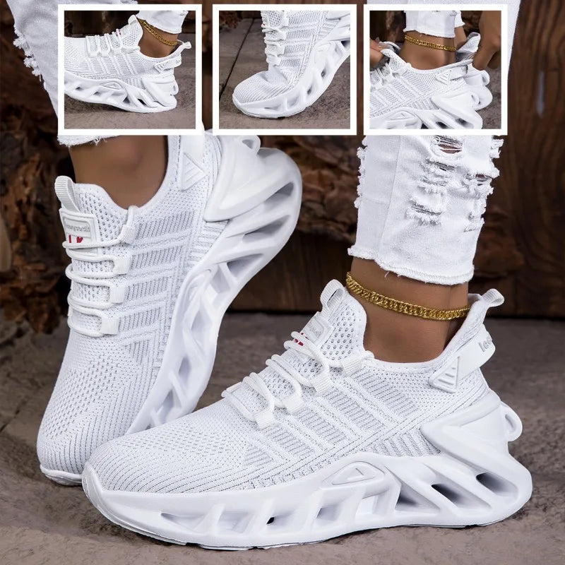 White sneakers worn with ripped jeans on a neutral background
