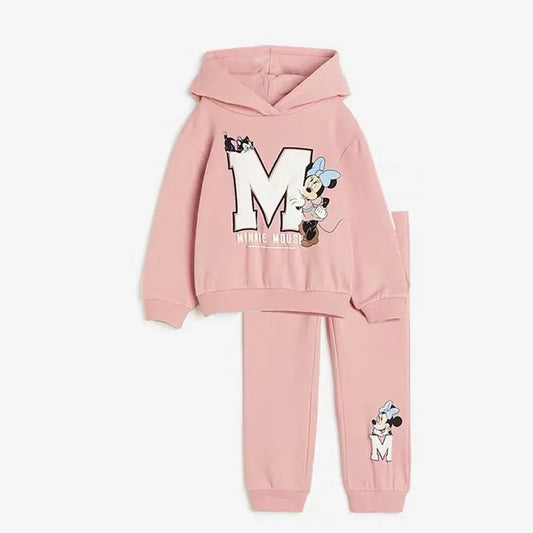 Pink hoodie and pants set with cartoon character design on a white background