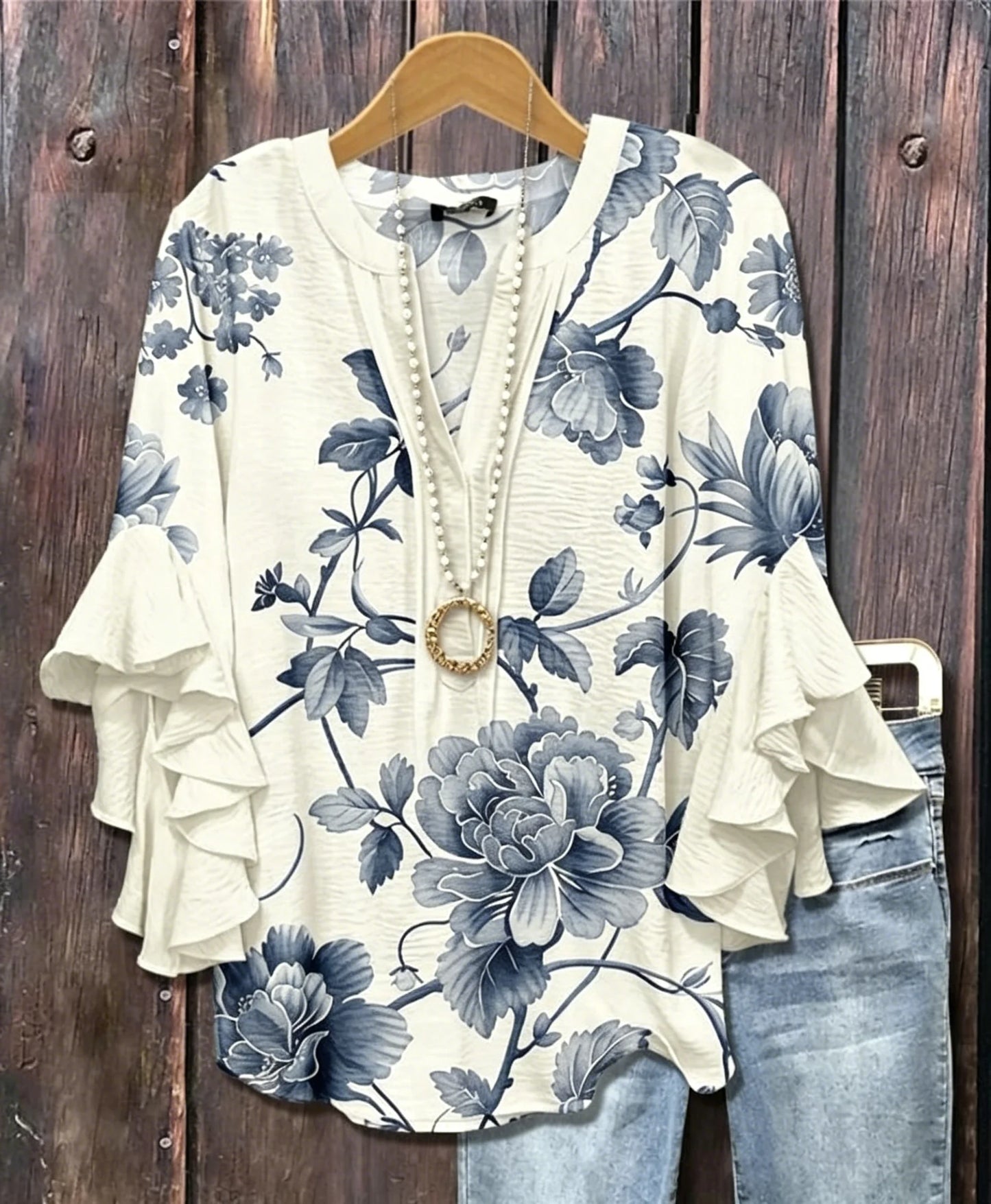 Women's V Neck Ruffle Half Sleeve Floral Print Blouse, Casual Daily Holiday Tops White Green Spring Summer