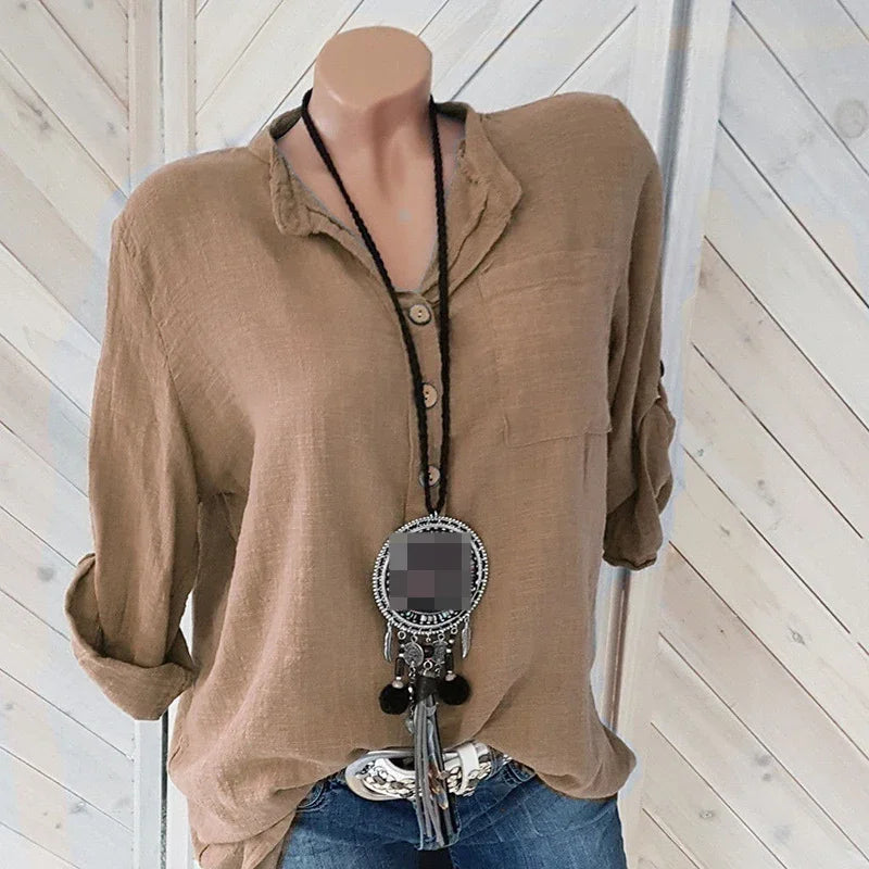 Women Blouses Cotton Linen Blouse Autumn Shirts Casual Long Sleeve Button V Neck Loose Shirt Lady Tops Tailor-made T-Shirts