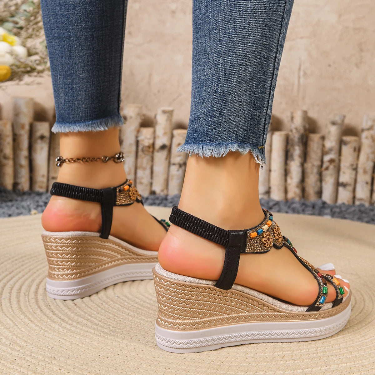 Rome Heels Fall New Round Toe Open Toe Rhinestone Platform Non-Slip Wear-Resistant Plus Size Sandals