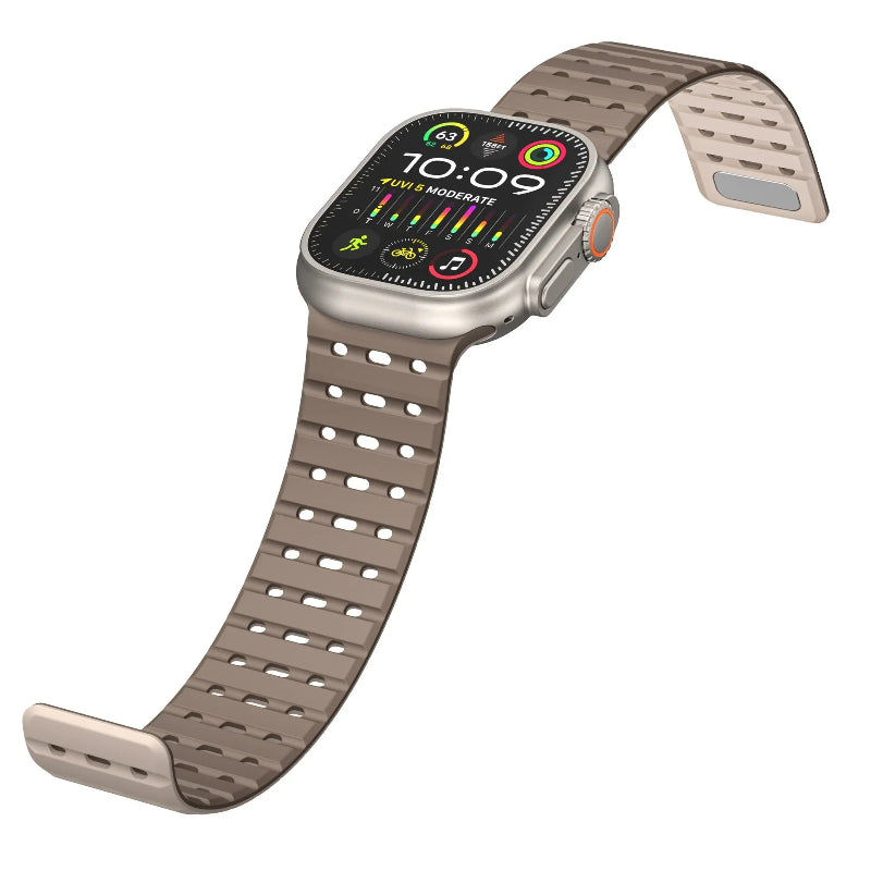 The image shows a variety of magnetic straps for Apple Watches in different colors, with a prominent orange strap displayed in detail, along with options for different watch models.