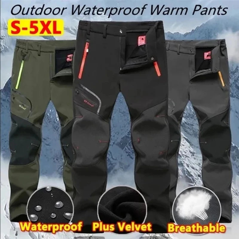 Outdoor waterproof warm pants with mountain background, showing different colors and features.