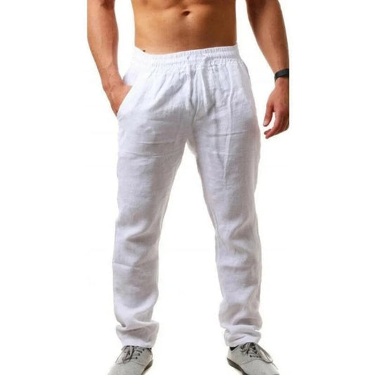 White pants worn by a person on a white background
