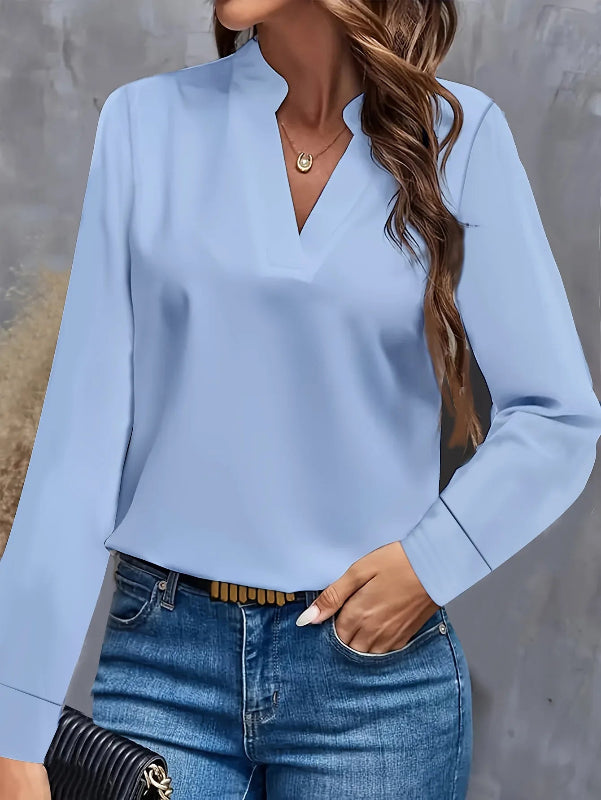 Women’s elegant light blue V-neck long sleeve loose fit office blouse blue