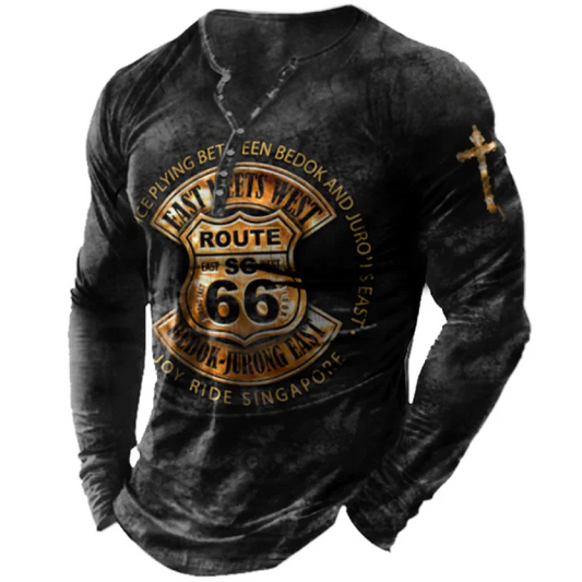 Black long-sleeve shirt with gold graphic design on a white background