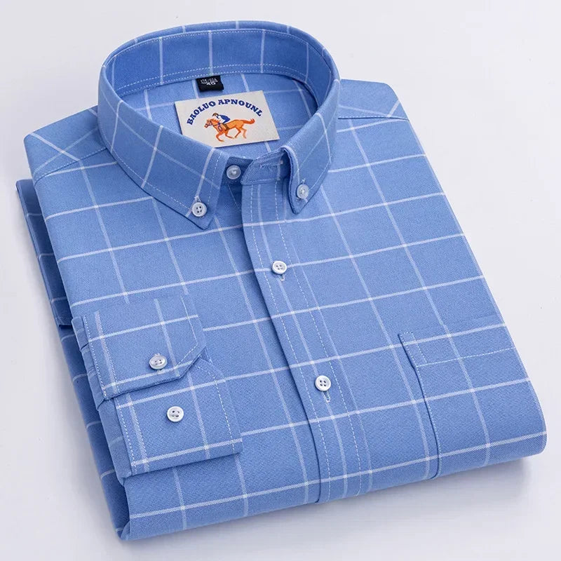 Men’s Oxford Cotton Shirt – Long Sleeve Embroidered Horse Design