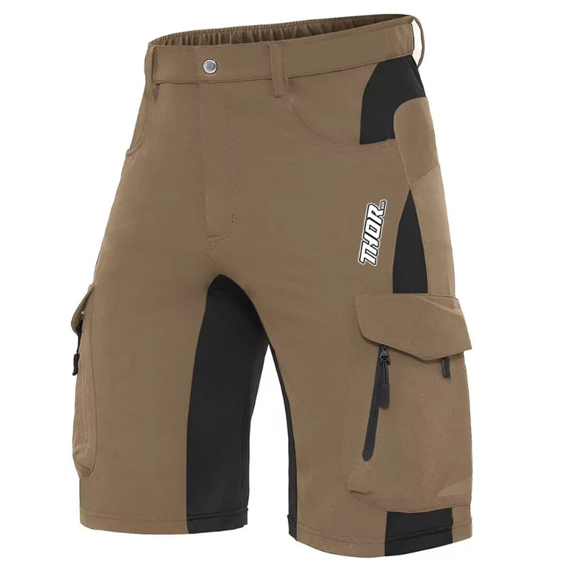 Brown and black shorts with a brand logo on a white background