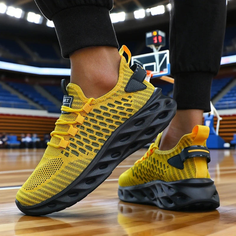 Men’s Bright Yellow Basketball Sneakers – Non‑Slip Airy Mesh Sports Shoes