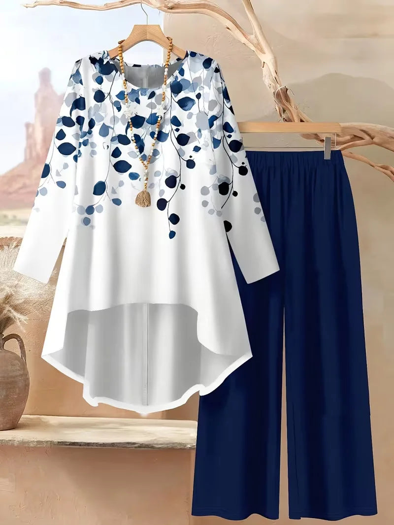 Casual Plus Size 2 Piece Set Women Outfit 2026 Fall Winter Summer Long Sleeve Floral Print Blouse Tops And Wide Leg Pant Sets