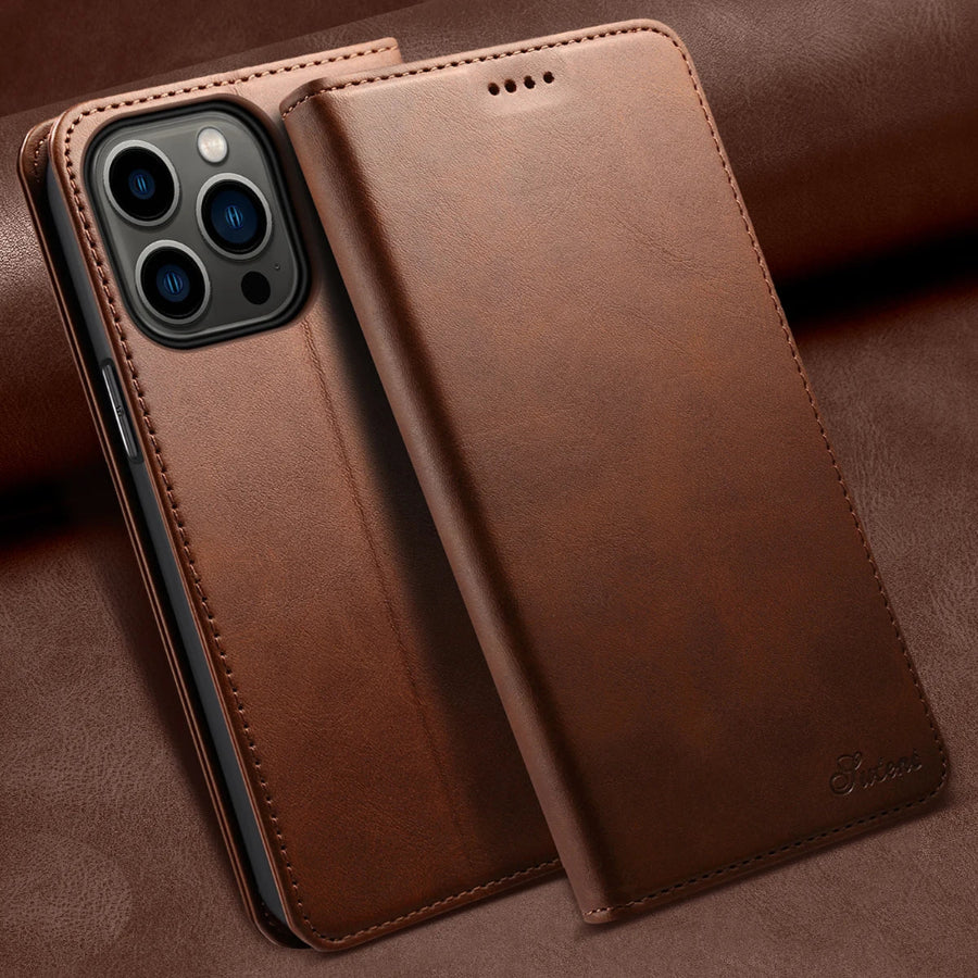 Brown leather phone case on a matching brown background