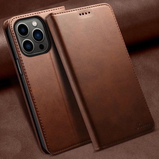 Brown leather phone case on a matching brown background