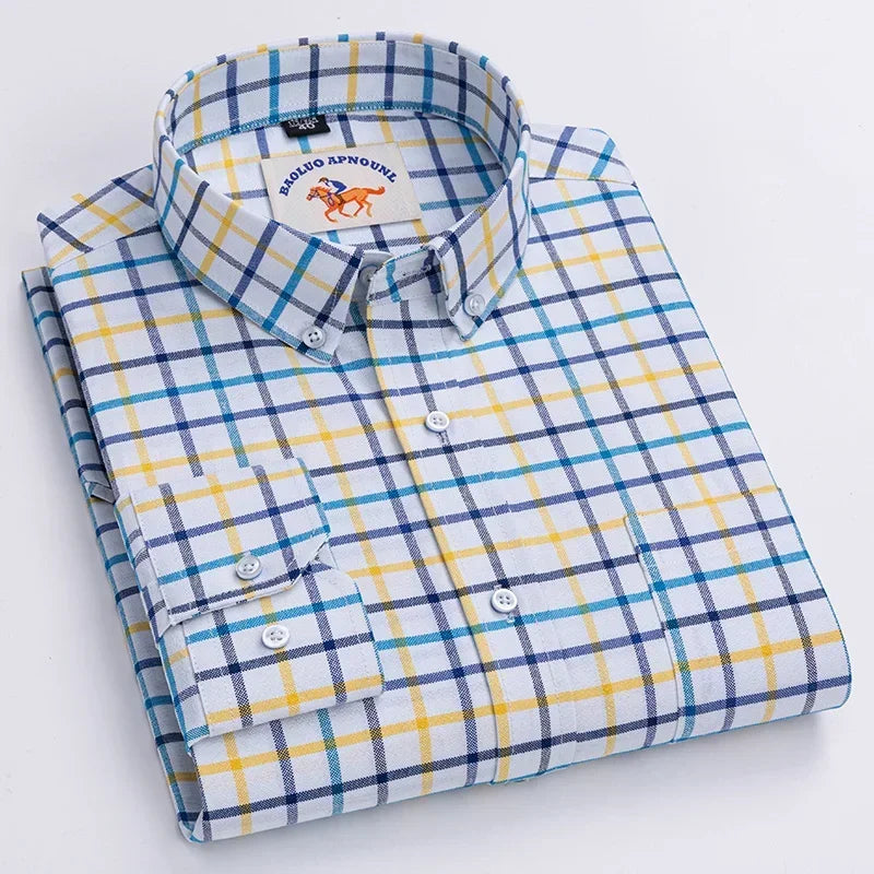 Men’s Oxford Cotton Shirt – Long Sleeve Embroidered Horse Design