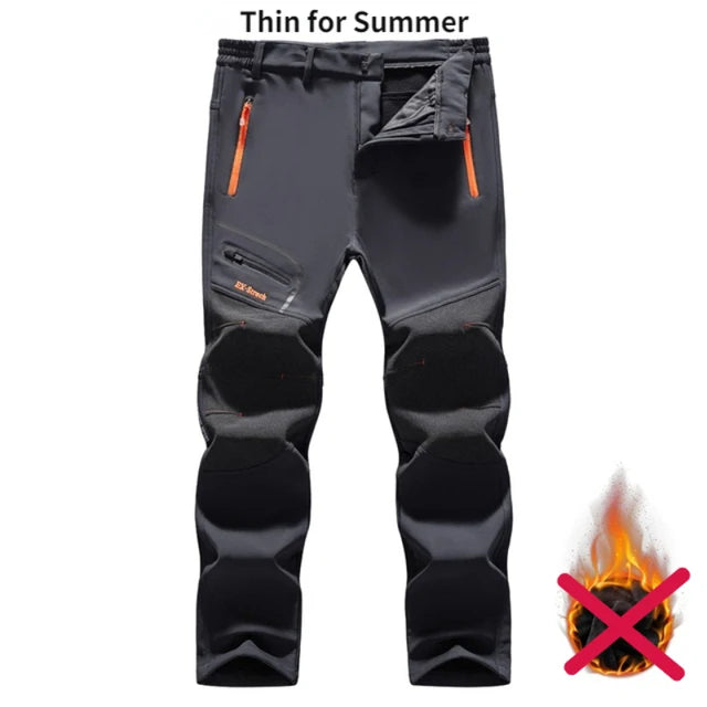 Gray pants with orange zippers on a white background, labeled 'Thin for Summer'.