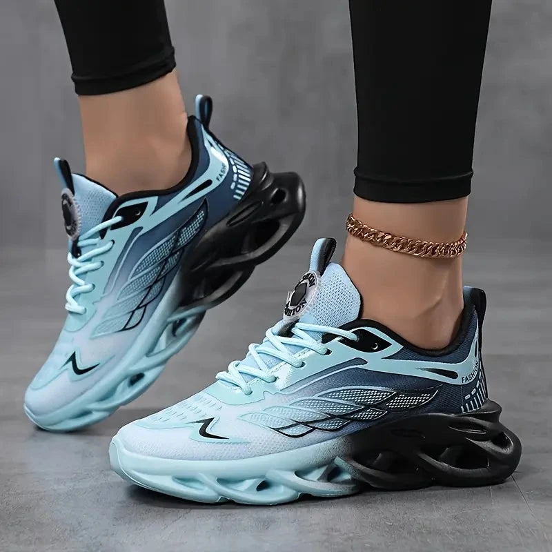 Light blue and black sneakers worn with black leggings on a gray background
