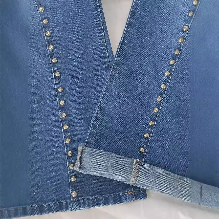 2026 Denim Flare Pants Women Jeans Boot Cut Streetwear Rivet Pockets Button High Waist Stretch Distressed Washed Skinny Trousers