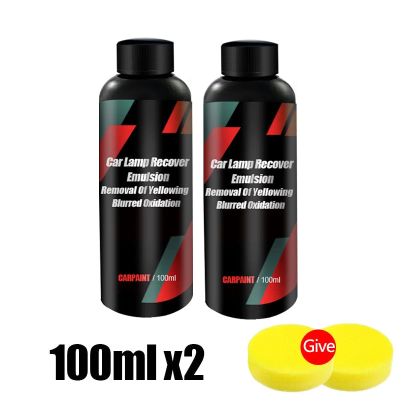 Two bottles of Car Paint Emulsion with a small yellow sponge and red 'Give' label on a white background.