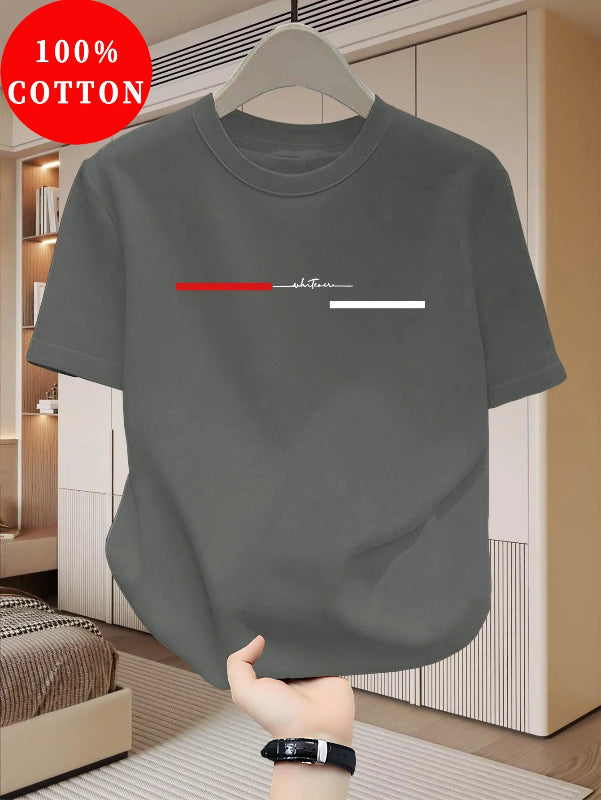 Gray t-shirt with a minimalist design on a hanger in a bedroom setting