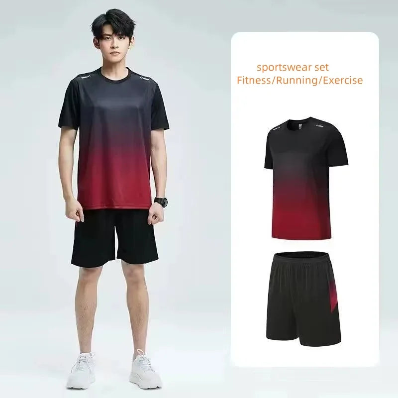Person wearing a black and red gradient sports outfit with text indicating fitness and exercise use.
