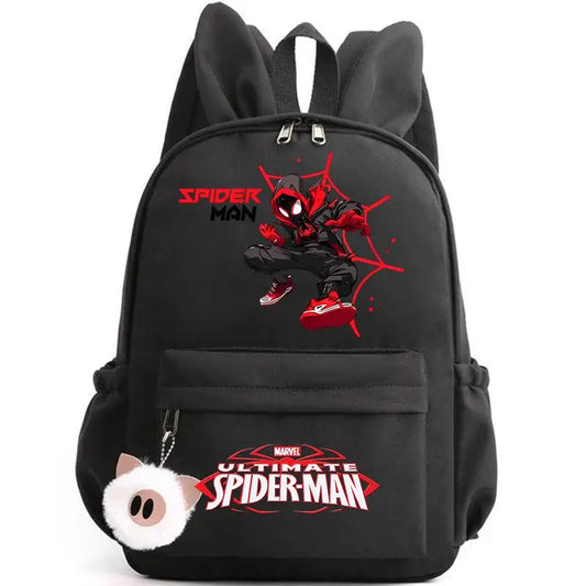 Black backpack with Spider-Man design and keychain on a white background