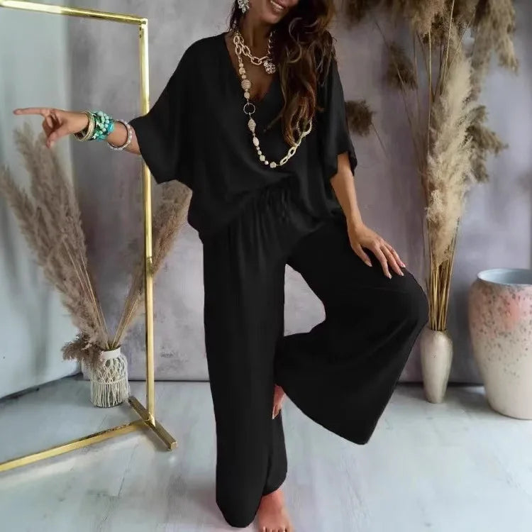 Women’s 2-piece vacation outfit V-neck blouse and wide leg beachwear pants set black