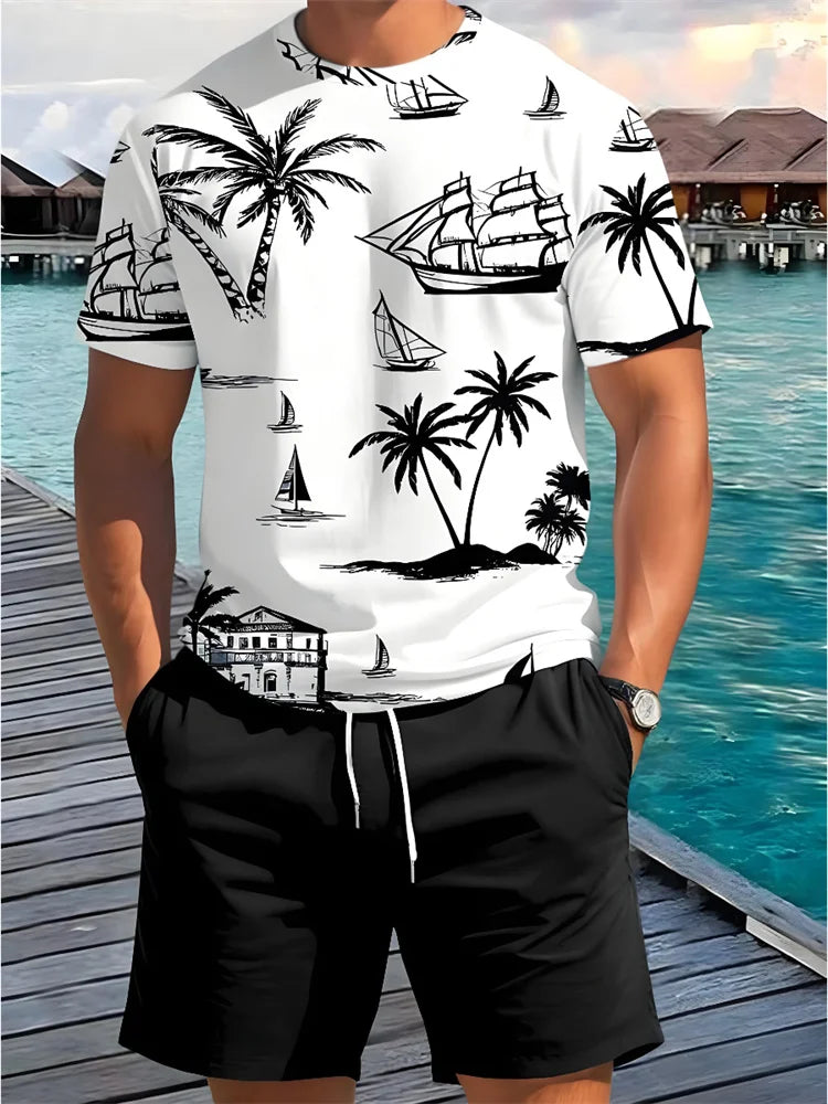 Men's Summer Fashion Casual Loose-Fit Set Plus Size Coconut Grove Print Crew Neck Short Sleeve Drawstring Shorts Two-Piece Set