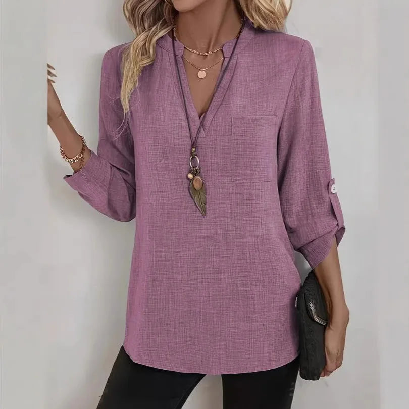 2025 Women's Shirt V-neck Pullover Top Pocket Solid Color Simple Versatile Fashion Blouses for Female