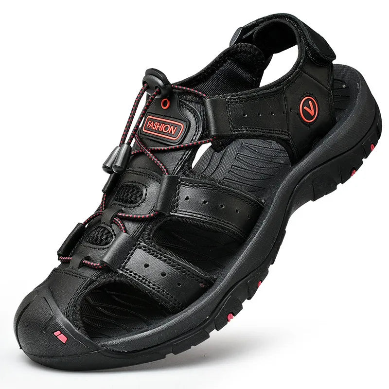 Black sandal with red accents on a white background