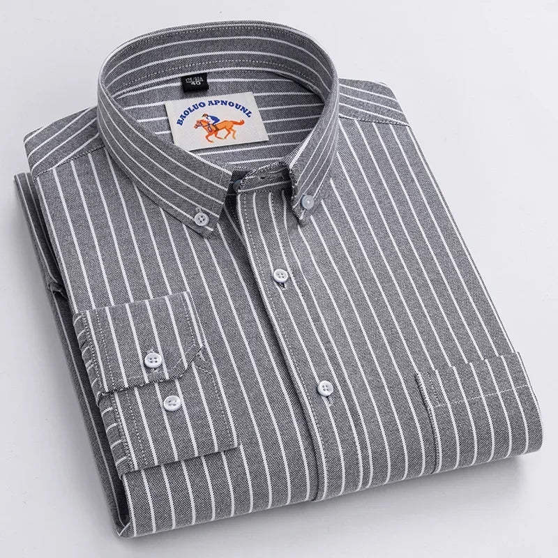Men’s Oxford Cotton Shirt – Long Sleeve Embroidered Horse Design